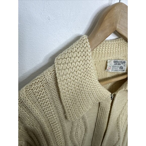 Vintage White Ram Cable Knit Woman M Wool Cardigan Zip Fisherman 70s - Picture 3 of 7